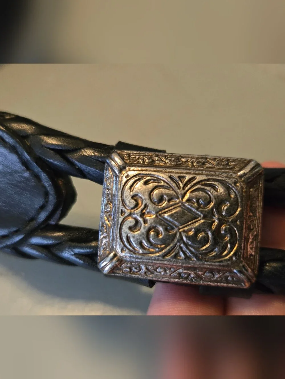 Vintage Fossil Black Leather Belt Braided Double Strand Western Concho Medium M